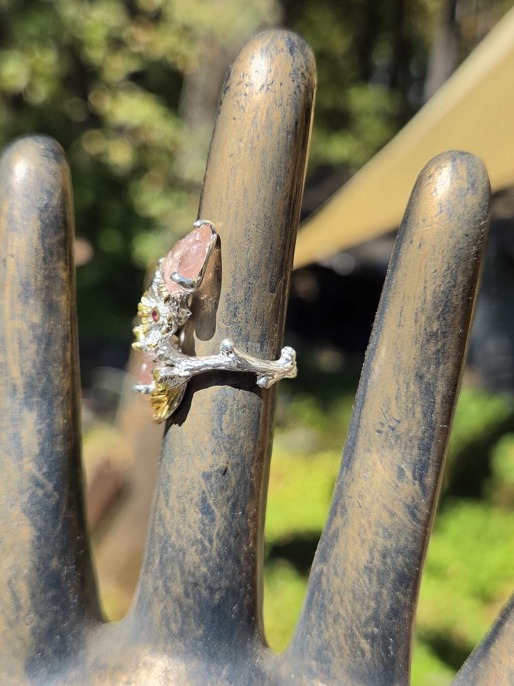 Pink Tourmaline Peridot & Garnet Sterling & Gold Finger Cuff Sz6 - Picture 7 of 11